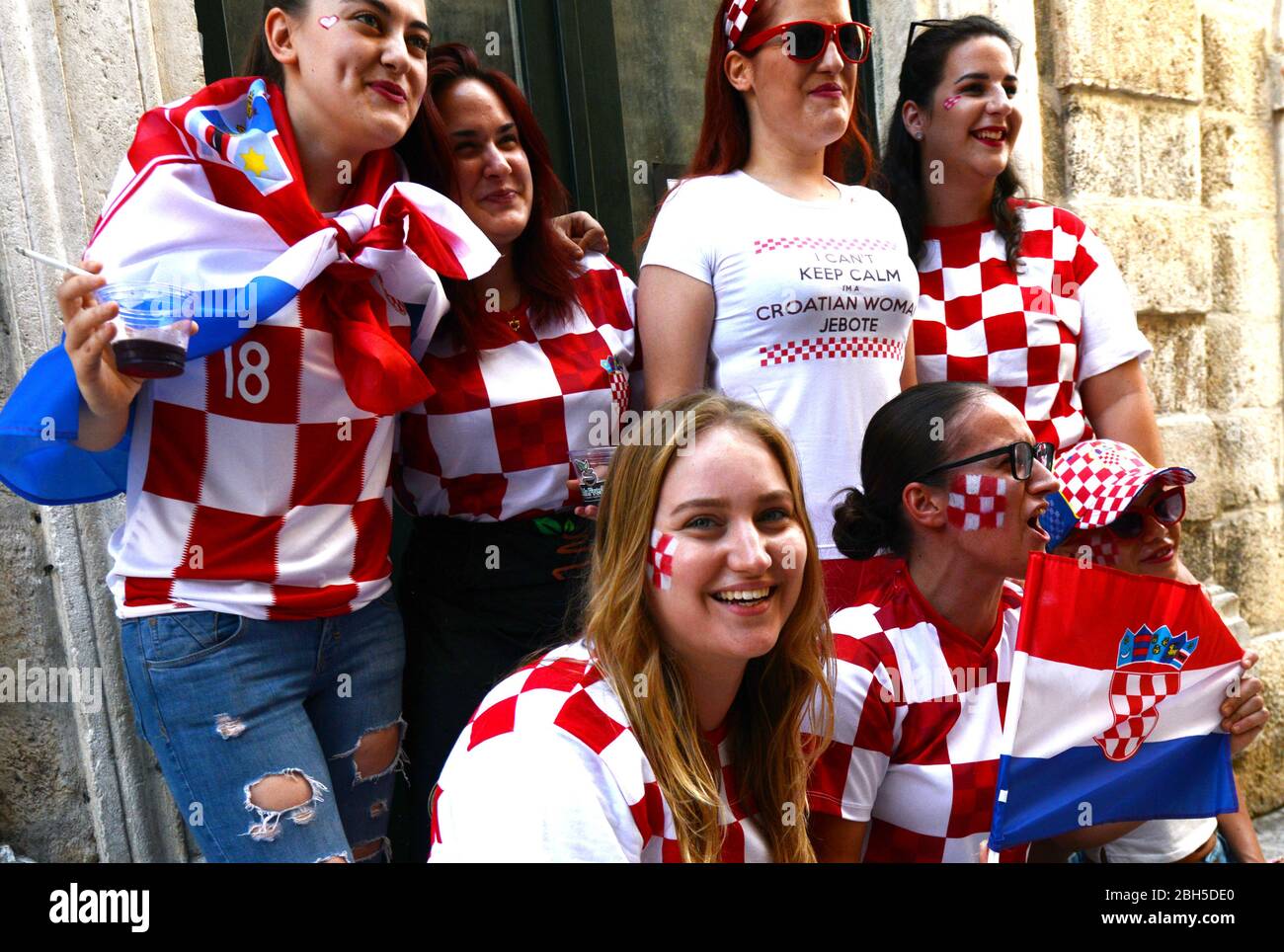 Croatian football fans watching the world cup final in the old city of Dubrovnik. Stock Photo