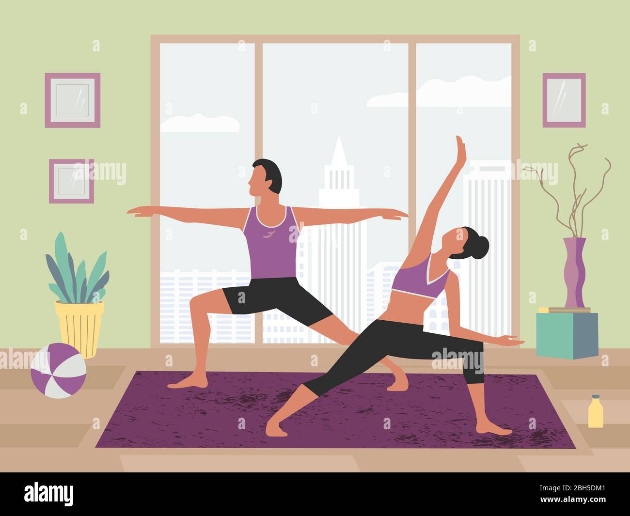 Couple exercising yoga at home flat color vector. Stay home yoga meditation practice cartoon. Breathing exercise workout background. Healthy lifestyle Stock Vector