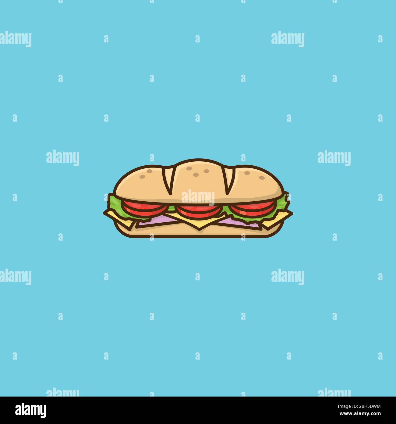 Hoagie or sub with tomato, lettuce, ham, and cheese vector illustration for Hoagie Day on May 5th. Take-away food color symbol. Stock Vector
