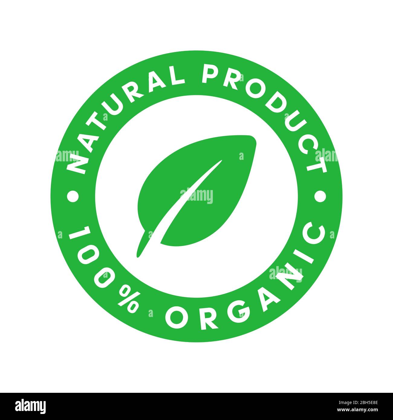 Natural product organic 100 percent green sticker with leaf in center. Design element for packaging design and promotional material. Vector Stock Vector