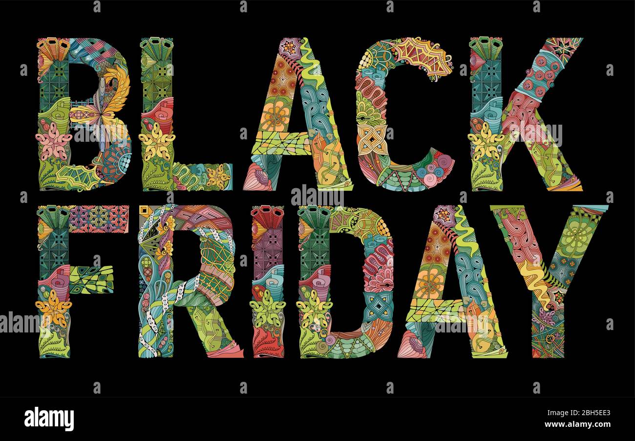 Word BLACK FRIDAY. Vector decorative zentangle object on black background Stock Vector