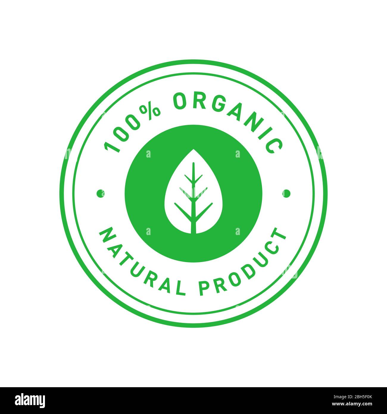Organic 100 percent natural product green circle sticker with symmetrical leaf. Design element for packaging design and promotional material. Vector Stock Vector
