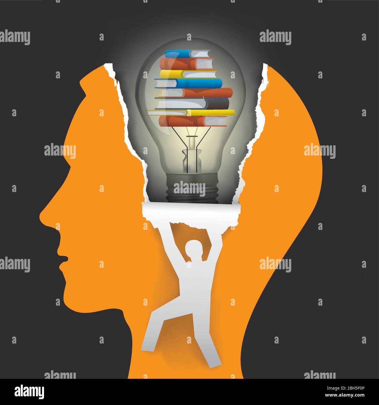 Student, knowledge and creativity, education concept. Male head in profile male silhouette ripping paper with light bulb and books. Vector available. Stock Vector