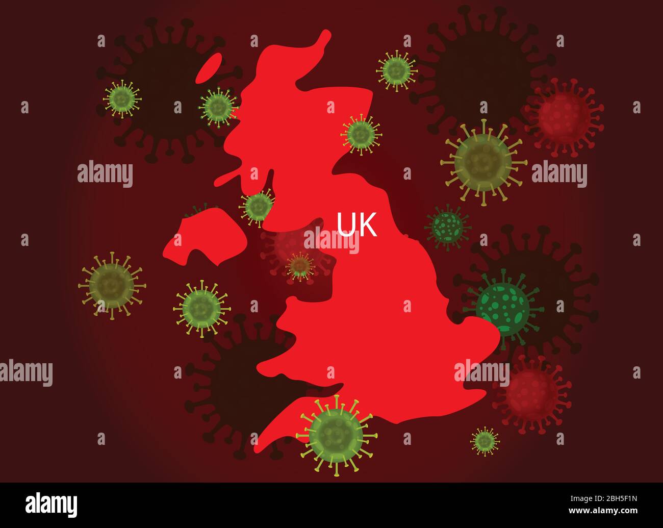 UK map with covid-19 virus concept. Coronavirus is spread to all over the world and infected to countries. Vector illustration of map design with infl Stock Vector