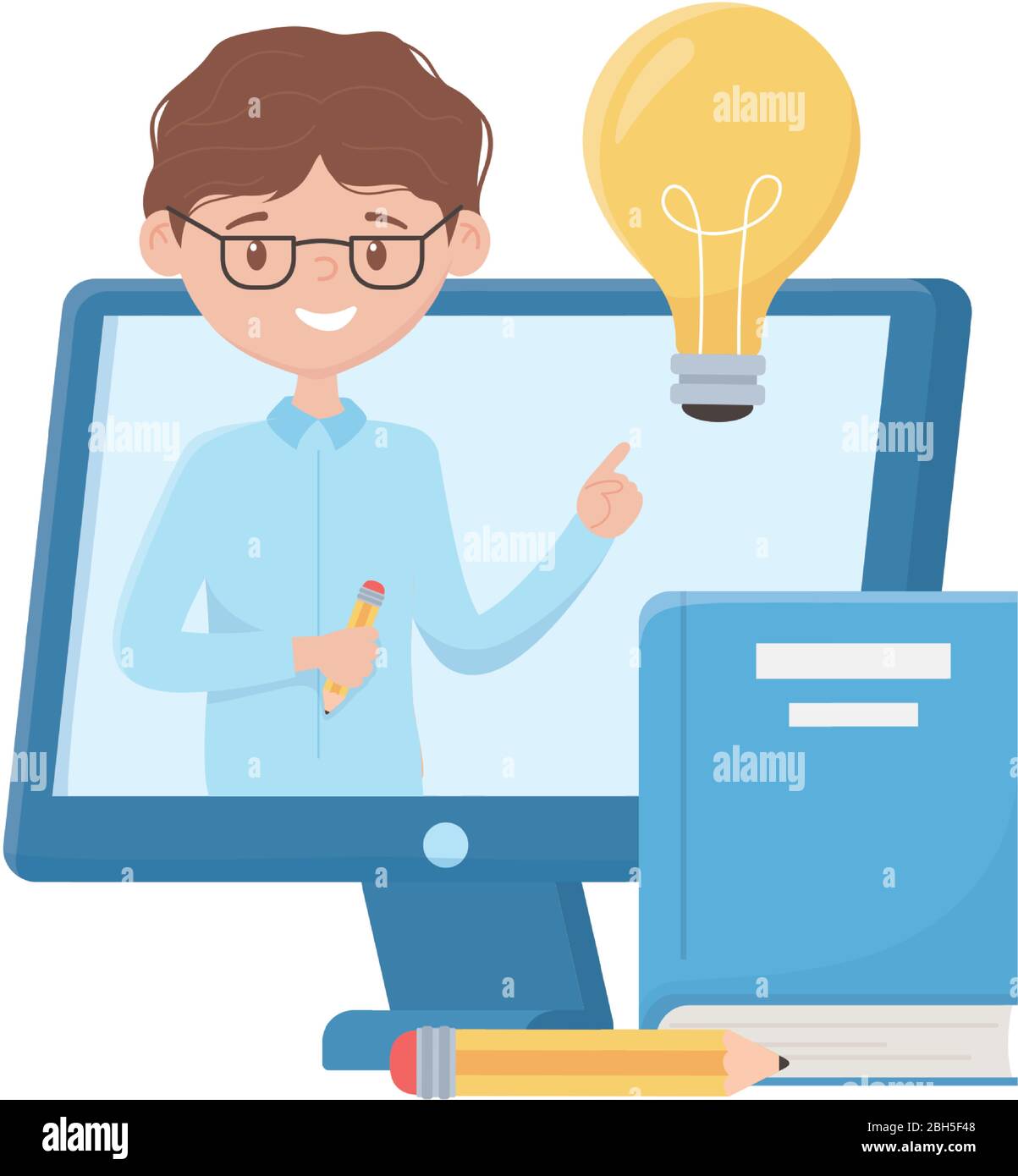 School boy with pencil book light bulb and computer design, Eduaction ...