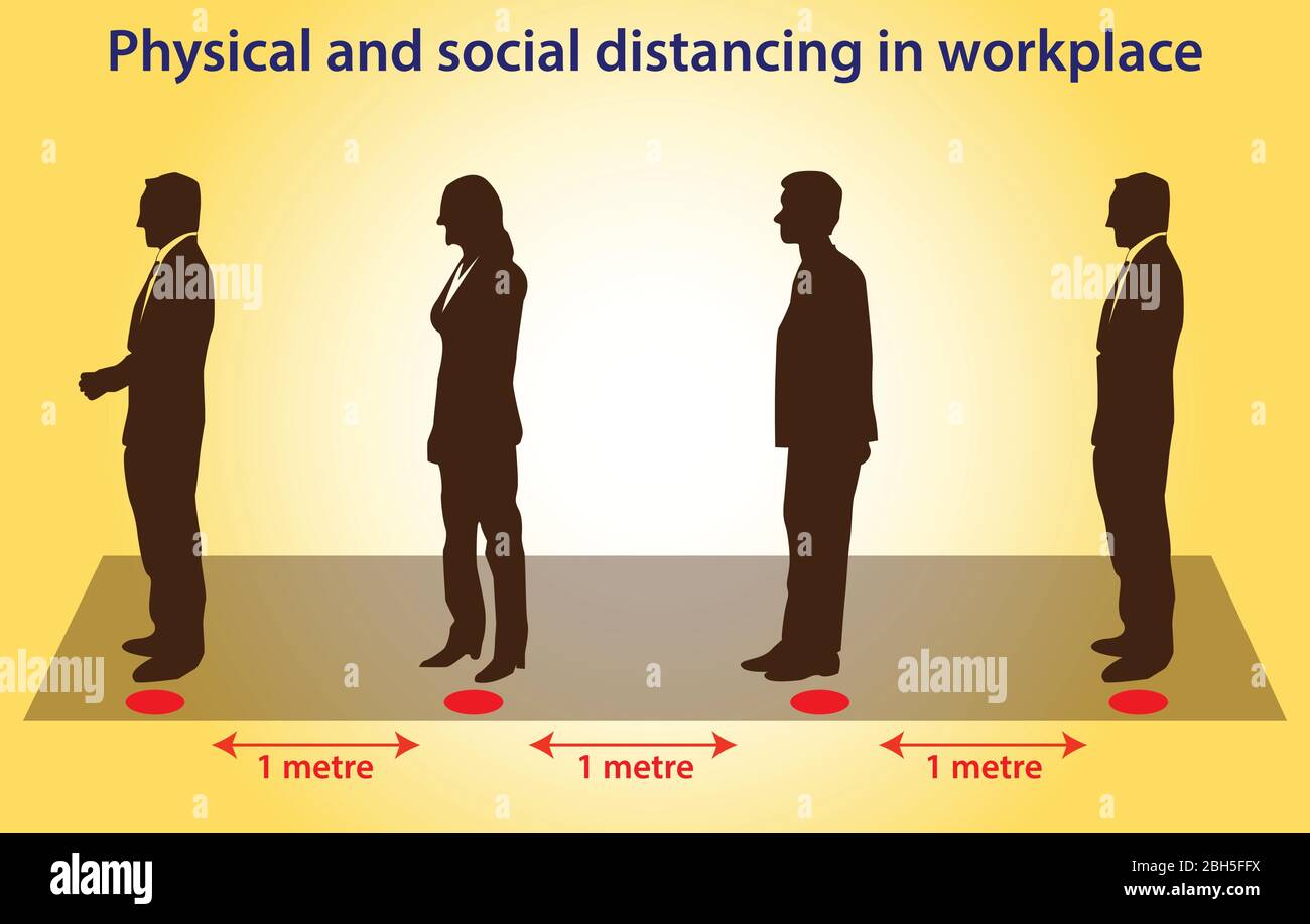 Physical and social distancing on workplace.  Keeping the distance in public places and offices to prevent and stop spreading of corona virus (COVID-1 Stock Vector