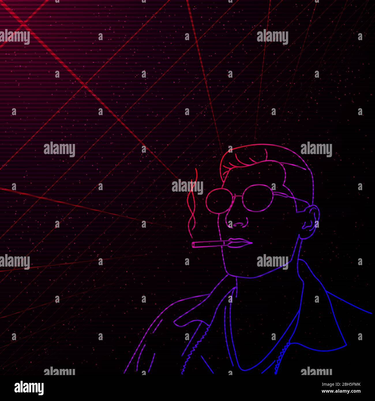 Synthwave Vaporwave Retrowave full face contour vector portrait of a smoking man with glasses on starry space background with laser grid. Design for Stock Vector