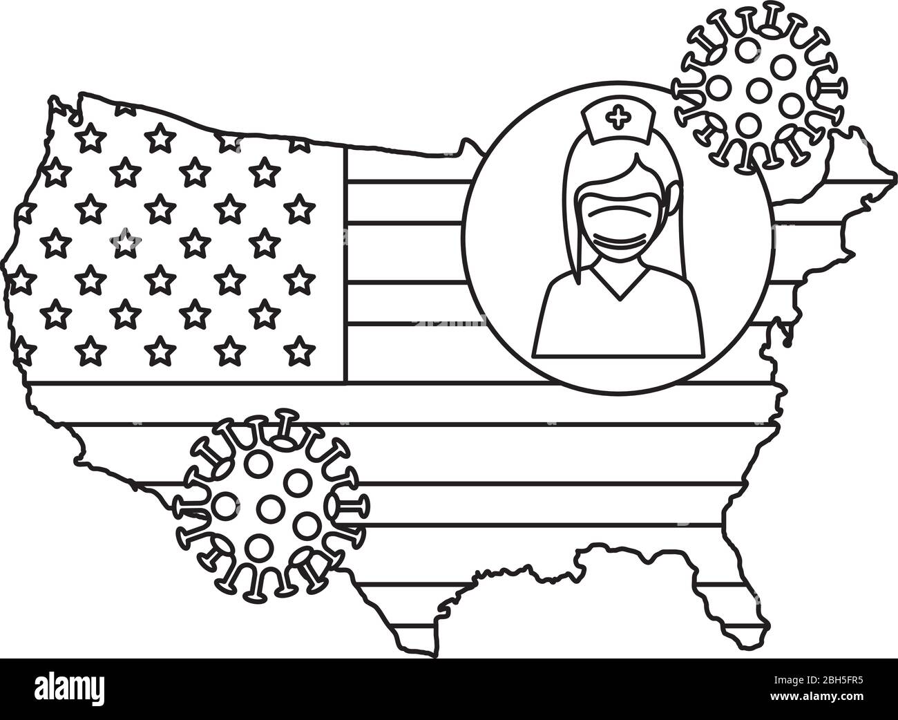 map of usa with nurse avatar and particles covid 19 Stock Vector
