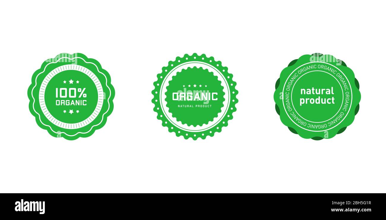 Set of organic 100 percent natural product badges with wavy edges ...