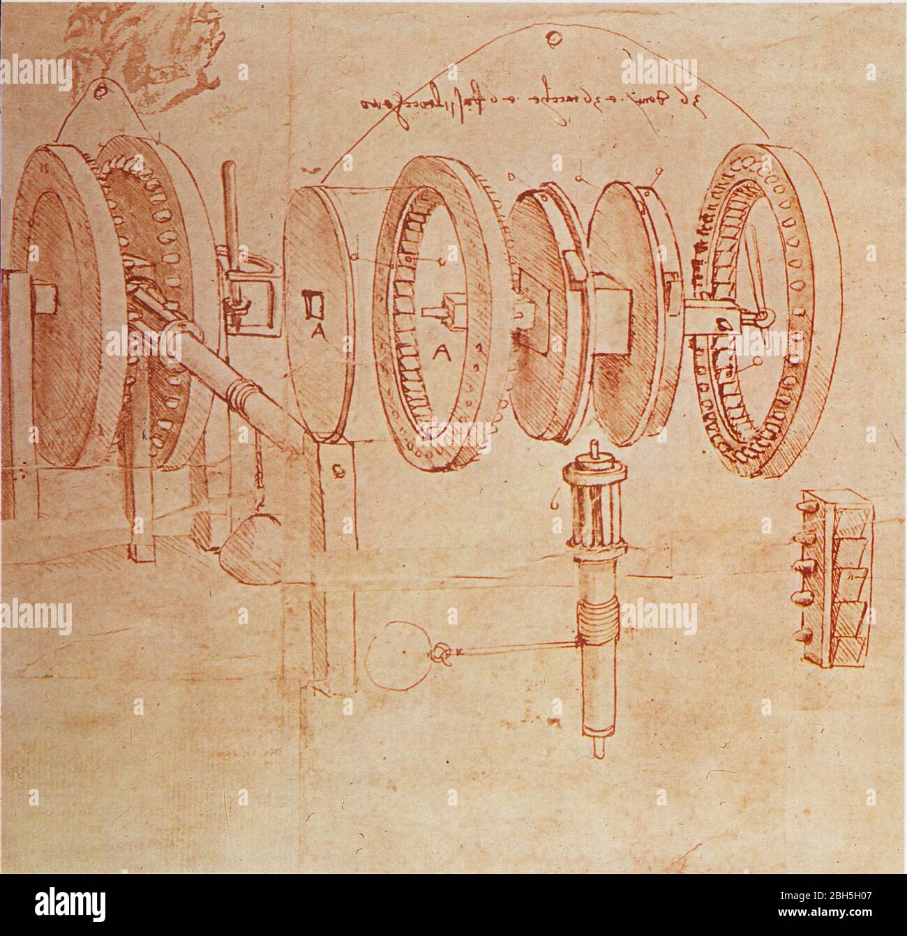 Leonardo da Vinci. Design for a Two-wheeled Hoist with a Caged Gear. Stock Photo