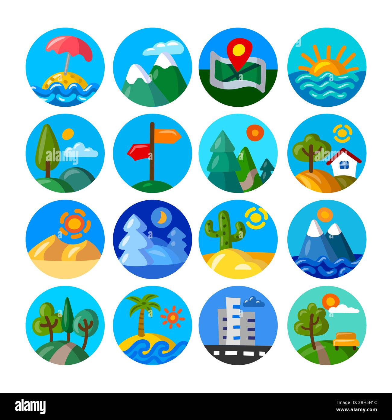 illustration of landscapes and nature cartoon icons set Stock Vector