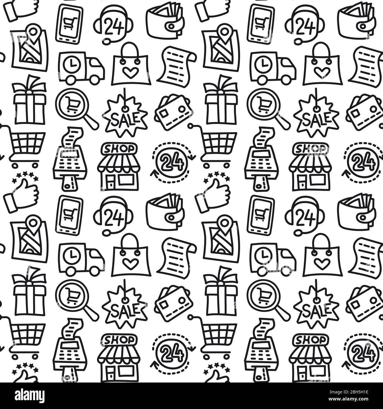 illustration of the black and white outline shopping seamless pattern ...