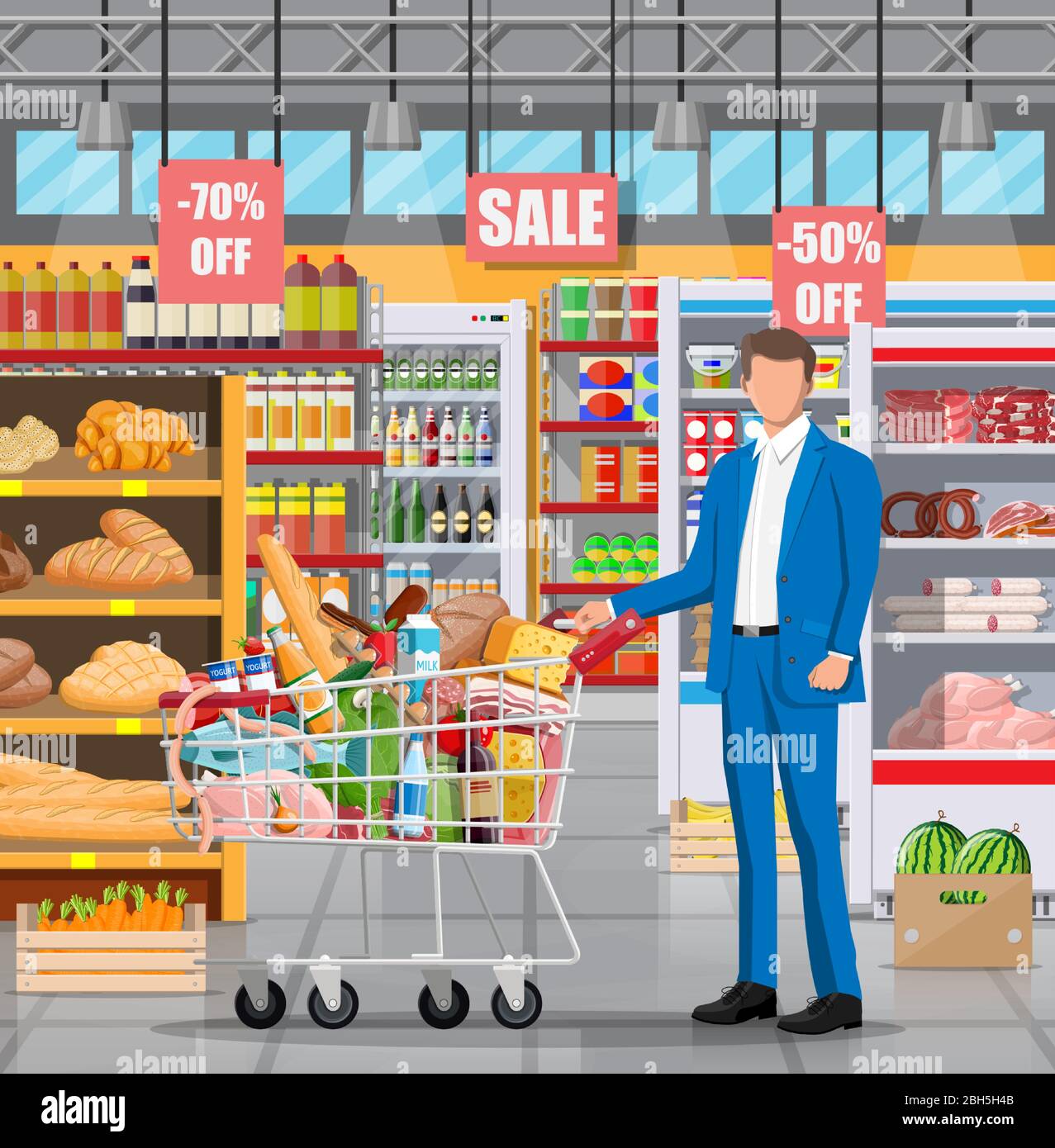 Supermarket store interior with goods. Big shopping mall. Interior