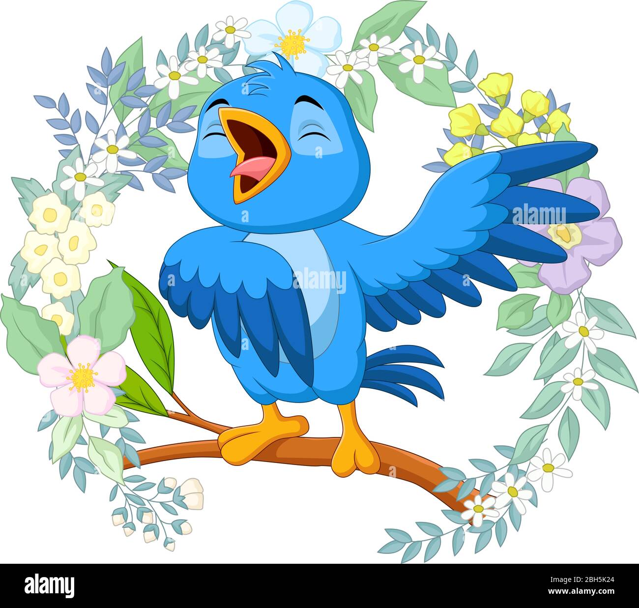 Cartoon blue bird singing on tree branch Stock Vector Image & Art - Alamy