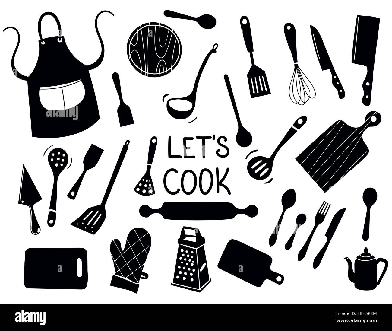 Lets Cook - Kitchen silhouette doodle vector icon set. Stock Vector