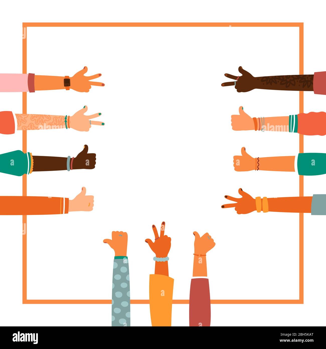 Hands together - set of different races raised up hands. The concept of education, business training, volunteering charity, party. Stock Vector