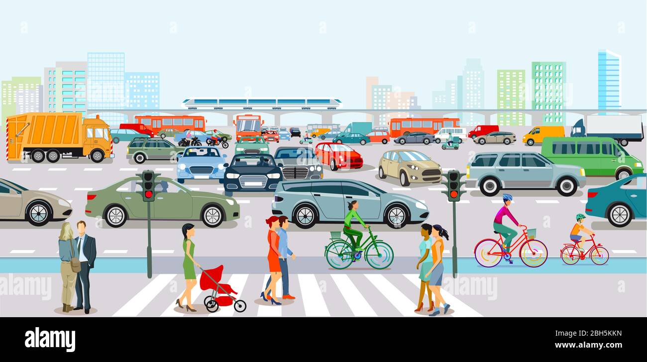 City with traffic in rush hour and pedestrians on the sidewalk Stock Vector