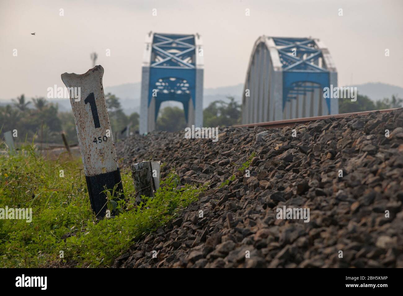 railroad edge with twin bridge background Stock Photo