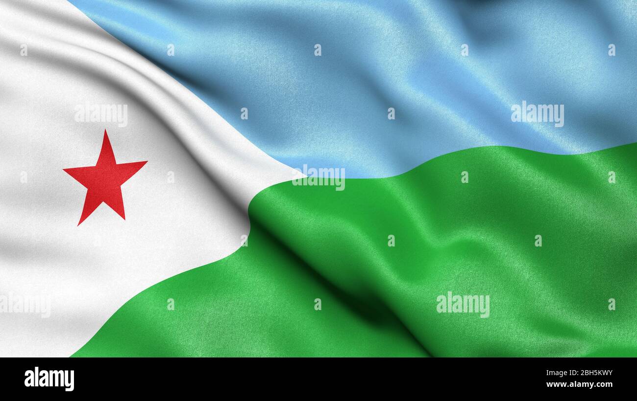 3D illustration of the flag of Djibouti waving in the wind. Stock Photo