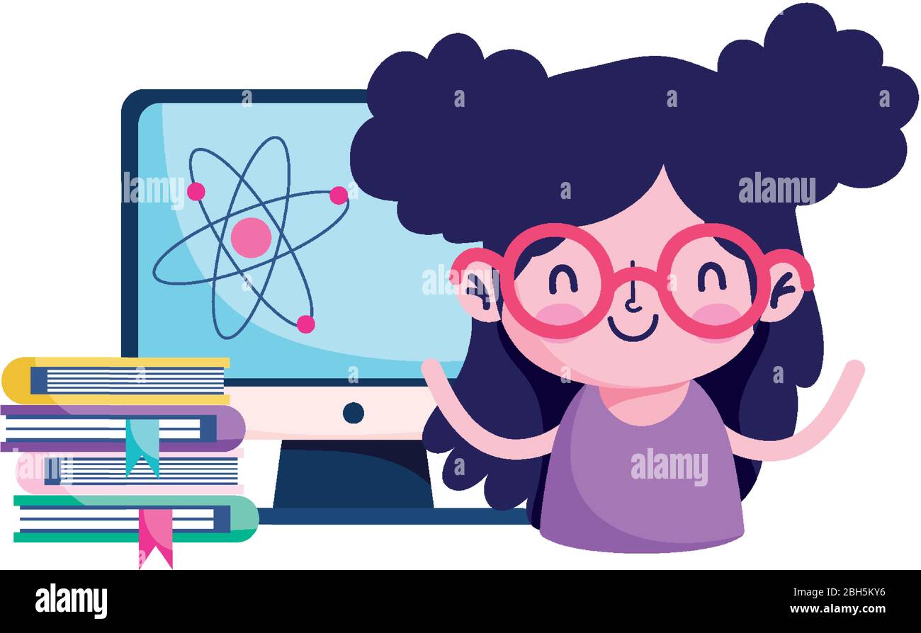 Girl kid with computer atom and books design, Eduaction school ...