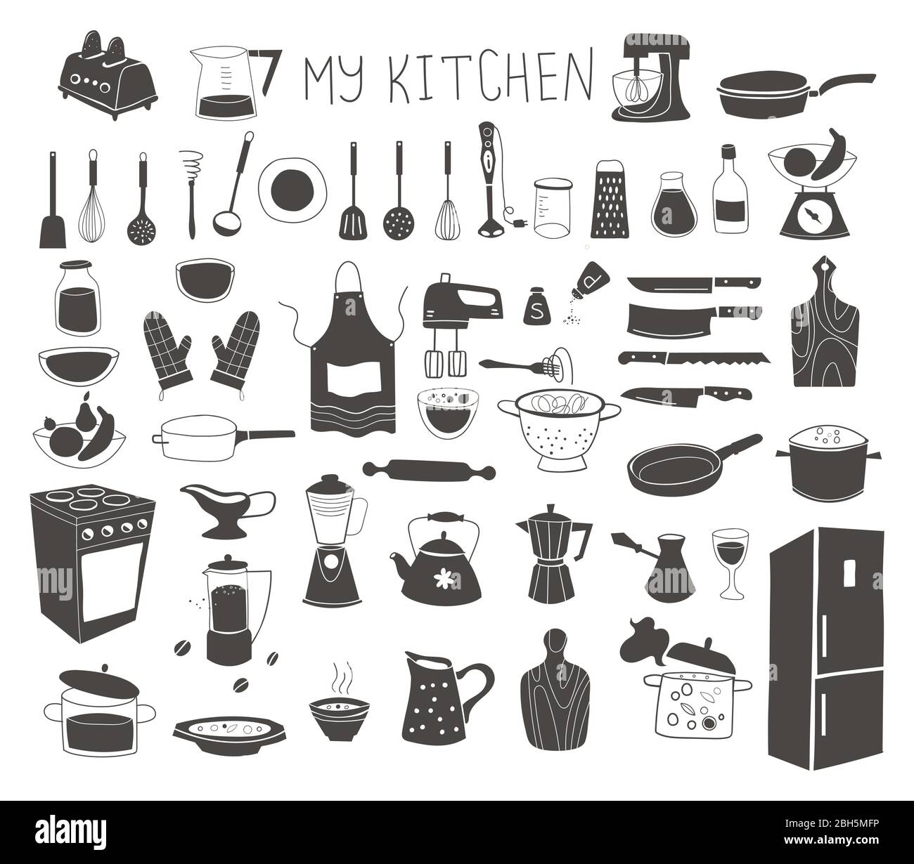 Kitchen silhouette doodle vector icon set. Stock Vector