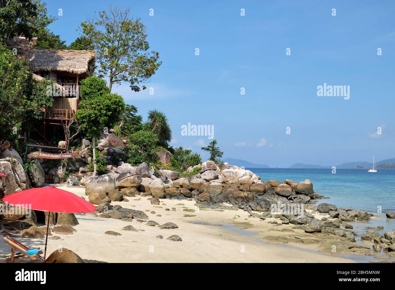 Happy mojito bar and cafe on Sunset beach Koh Lipe Thailand Stock Photo