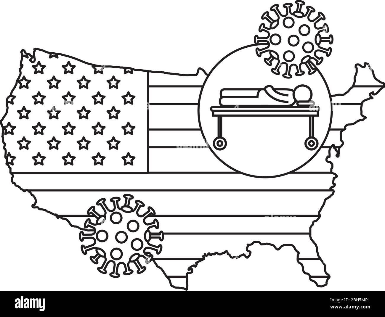 map of usa with person sick in stretcher and particles covid 19 Stock Vector