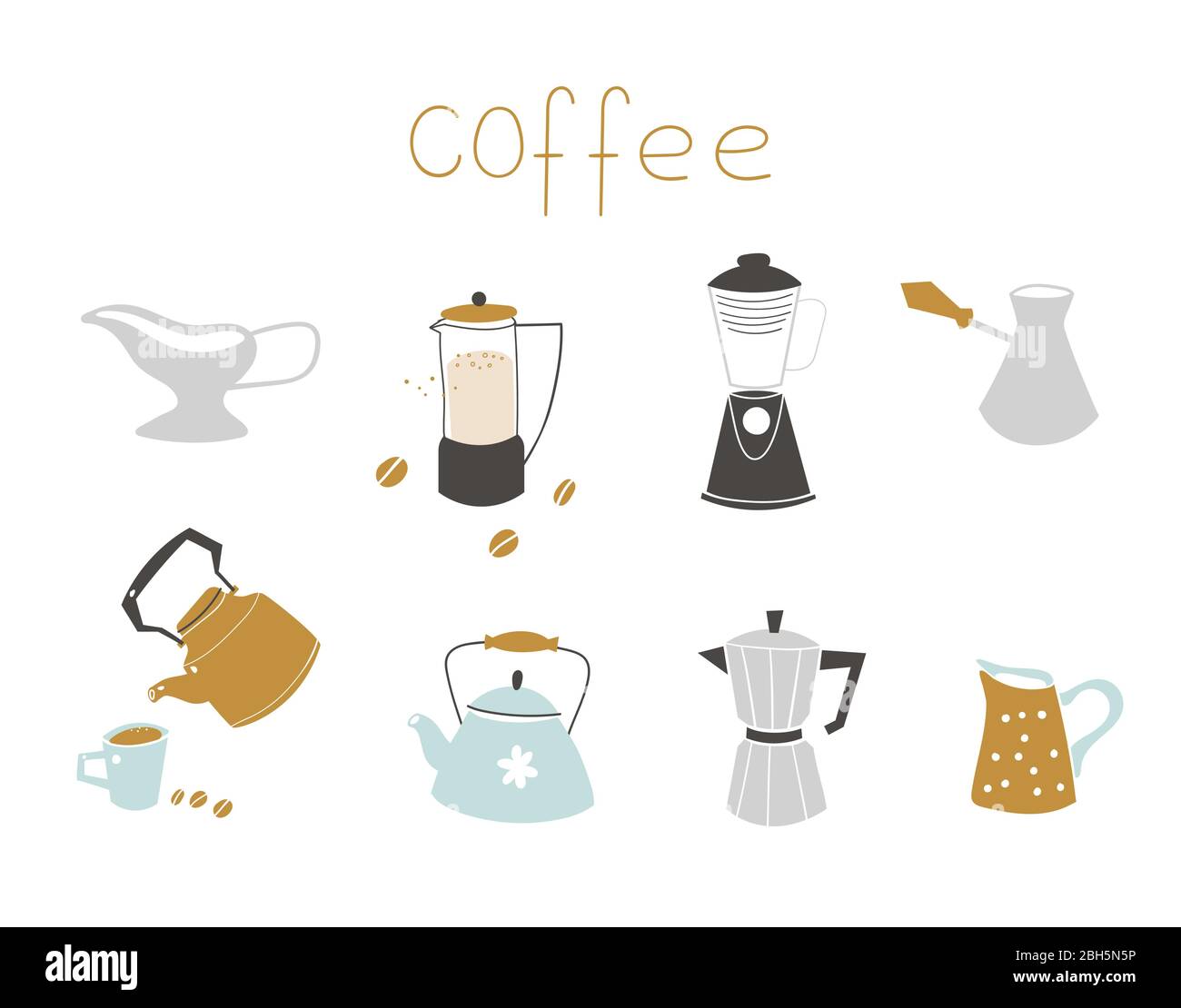 Set hand drawn various coffee cups. Vector illustration. Stock Vector