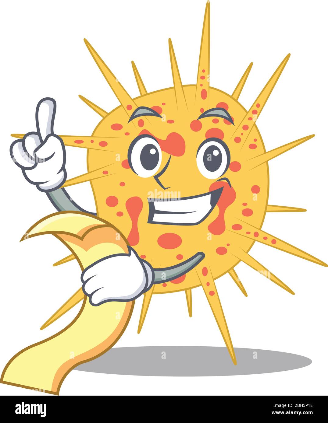 Mycobacterium kansasii mascot character design with a menu on his hand