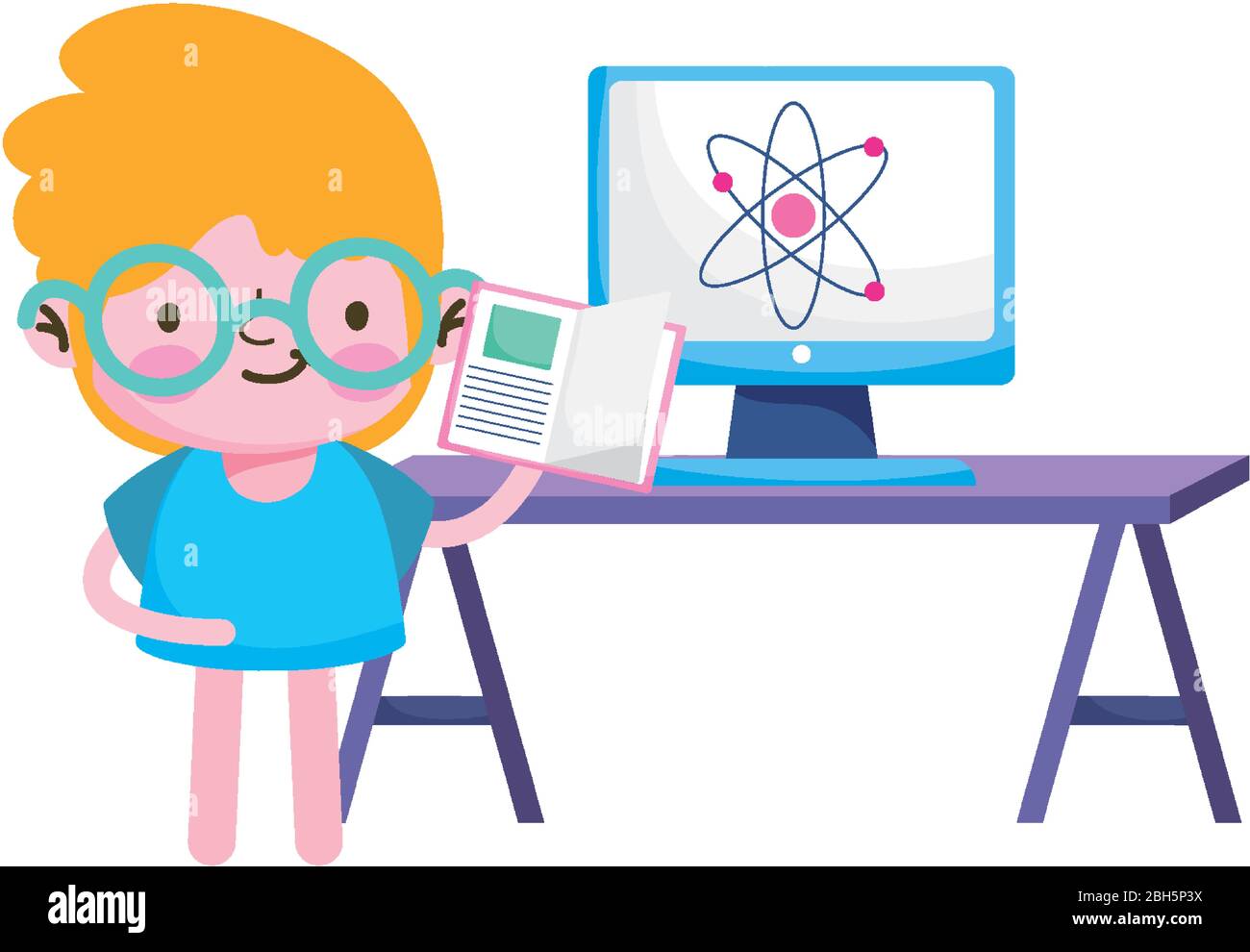 Boy kid book atom computer and desk design, Eduaction school university ...