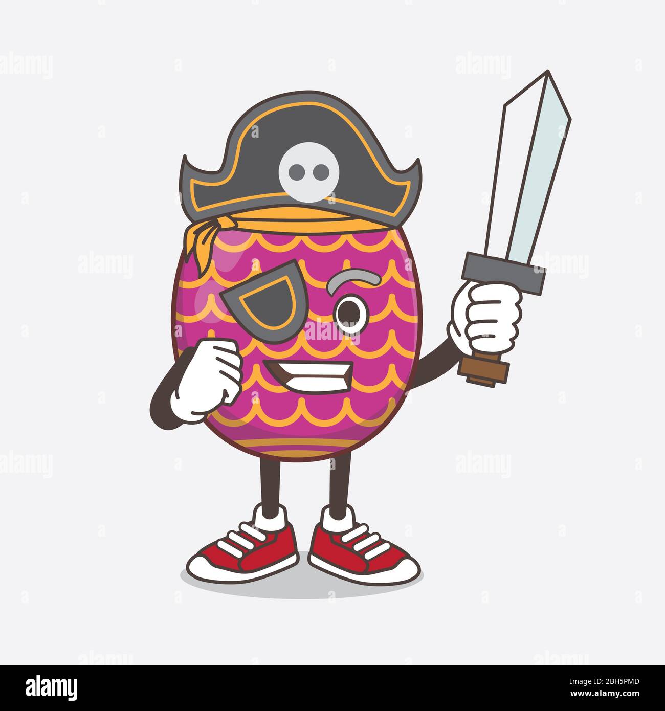 An illustration of Easter Egg cartoon mascot character in pirate style and wearing hat and sword Stock Photo
