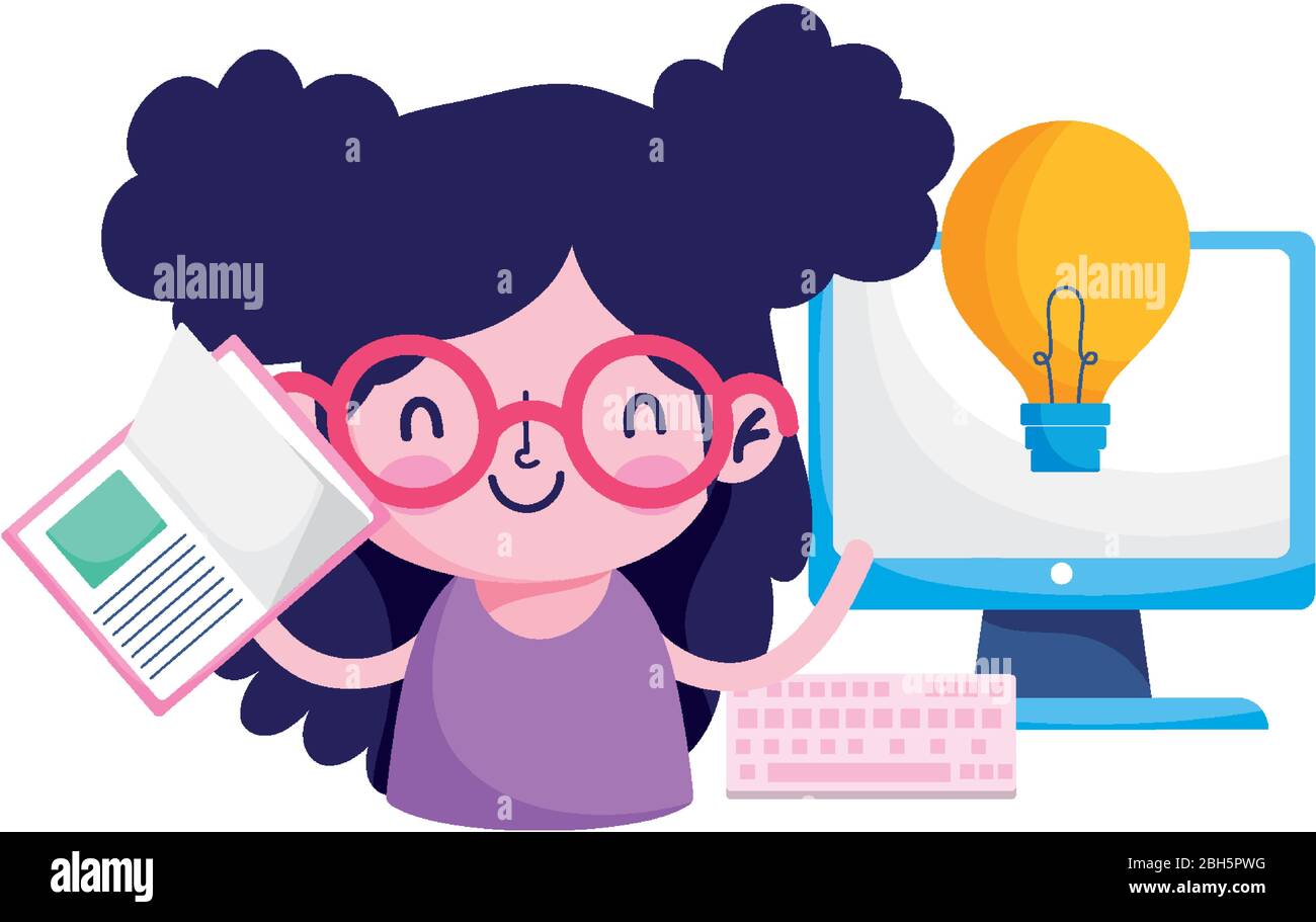 Girl kid with book computer and light bulb design, Eduaction school ...