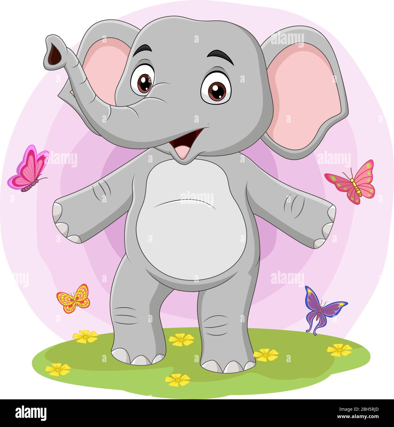 Cartoon happy elephant with butterflies in the grass Stock Vector Image &  Art - Alamy
