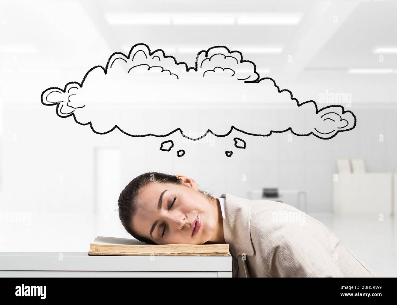 Exhausted business woman sleeping on desk Stock Photo - Alamy