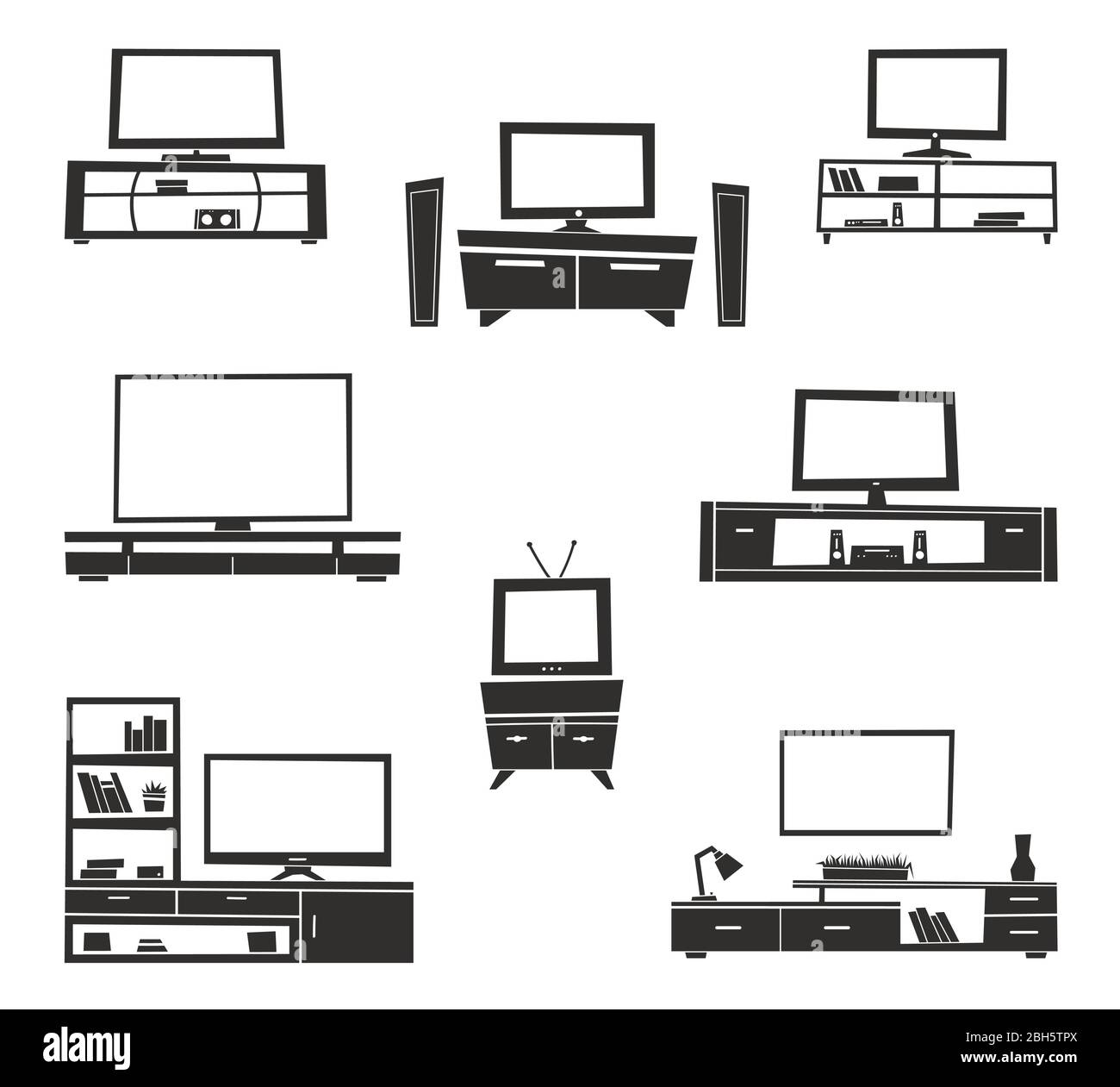 Modern TV table stand with glass shelves. Vector Tv Stands furniture icon set. Stock Vector