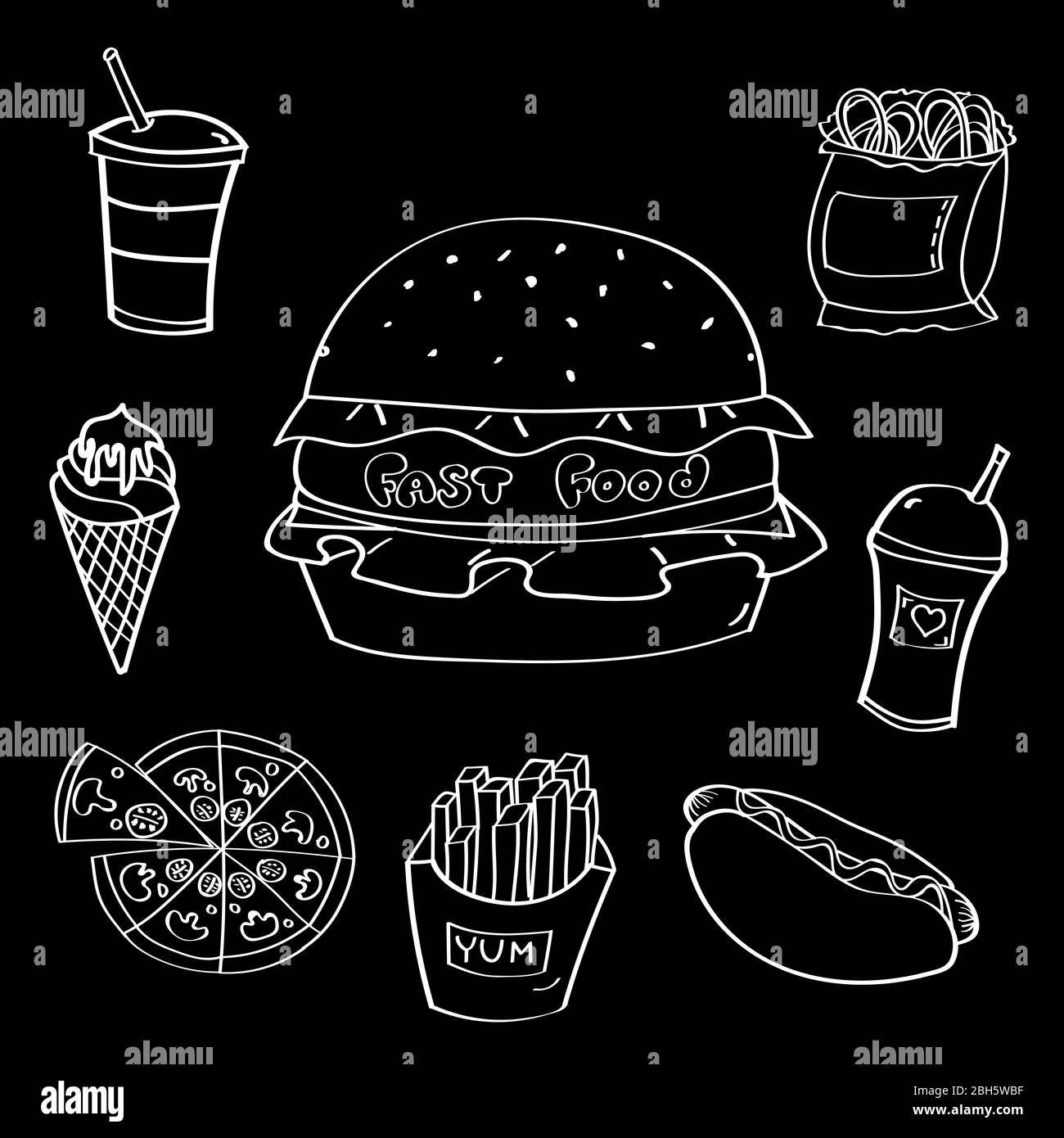Fast food hamburger vector doodle set Stock Vector
