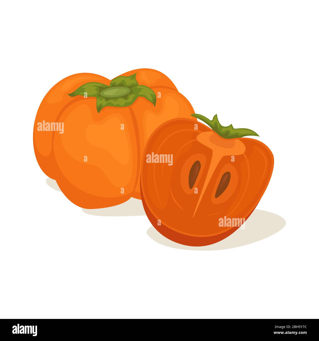Ripe persimmon with a green leaf. Vector illustration of fruit. Stock Vector