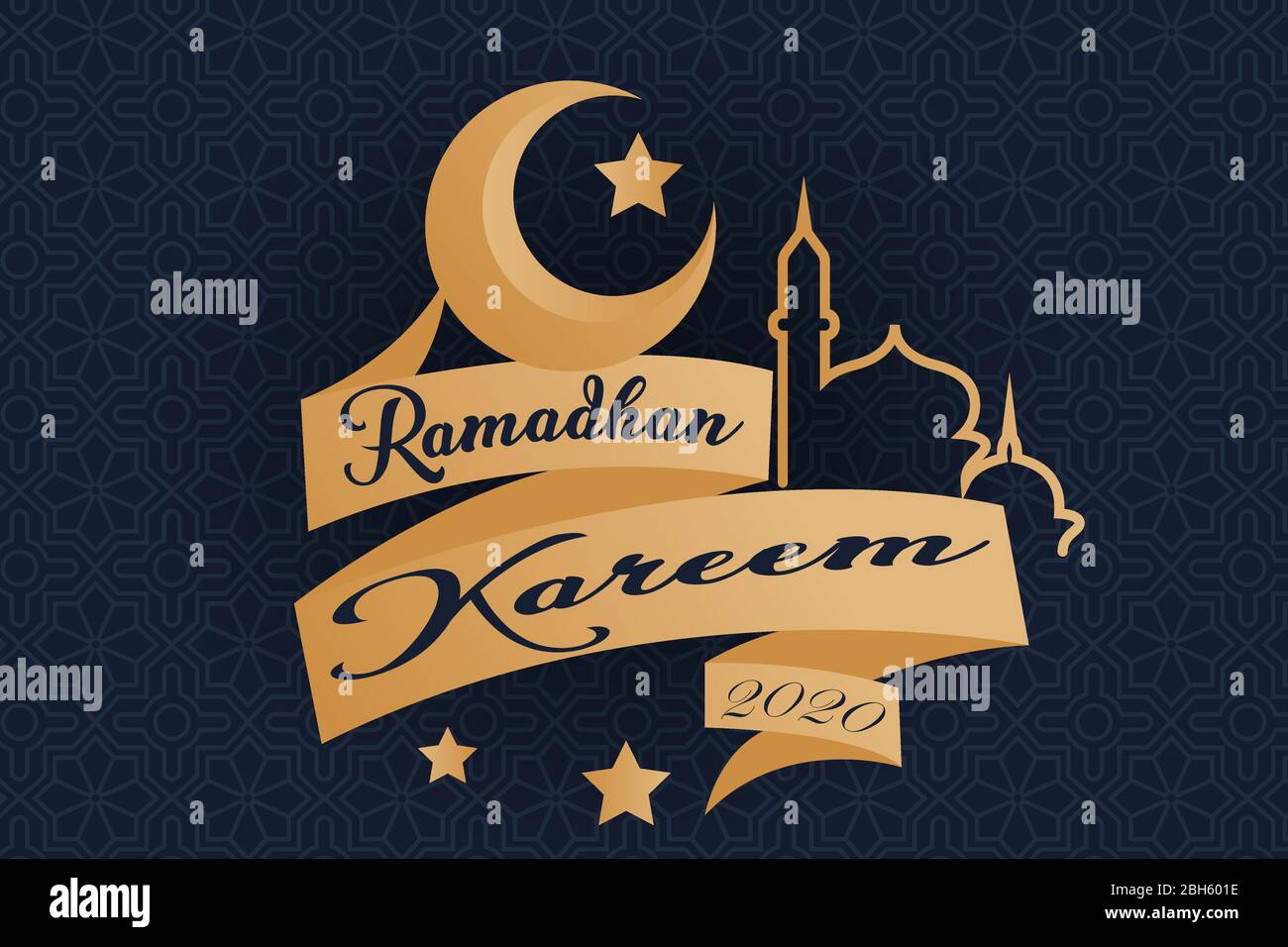 vector illustration of Ramadan Kareem 2020 with moon and stars and mosque. yellow and blue phantom with texture in the background Stock Vector