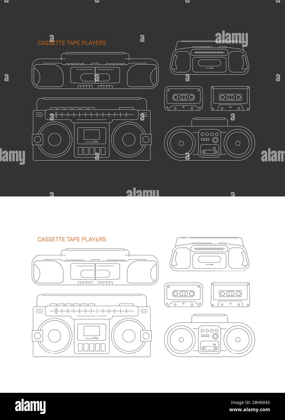 Line art images isolated on a black and on a white backgrounds Cassette Tape Players vector illustration. Four vintage cassette recorders. Stock Vector