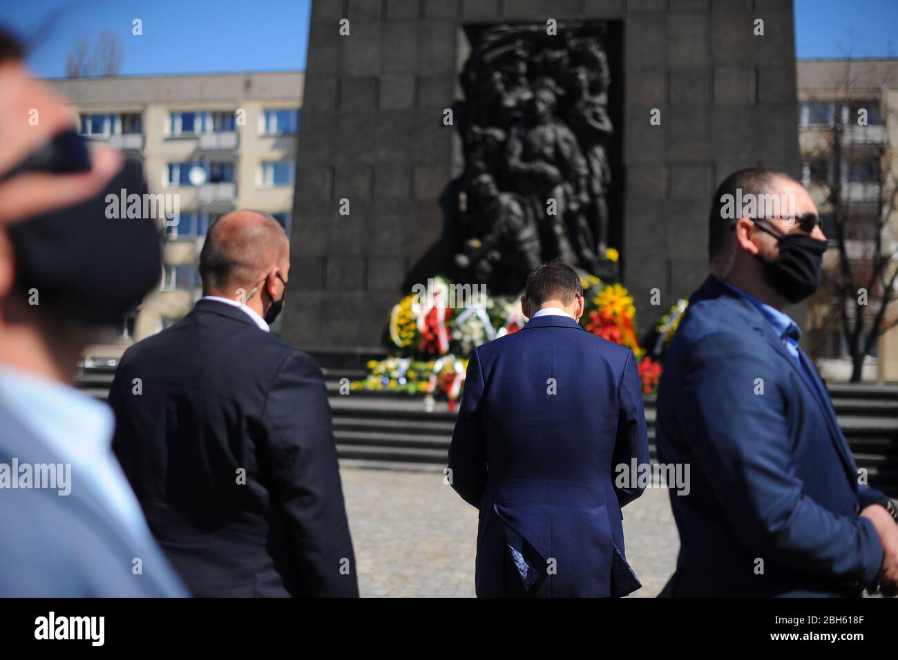 Warsaw, 19.04.2020. 77th anniversary of the outbreak of Warsaw Ghetto Uprising. by the Monument to the Ghetto Heroes. PICTURED : Polish Prime Minister Mateusz Morawiecki attends the ceremony as he wears a protective mask due to the coronavirus pandemic. , Image514288224, License: Rights-managed, Restrictions: , Model Release: no, Credit line: Adam Chelstowski / Forum Stock Photo