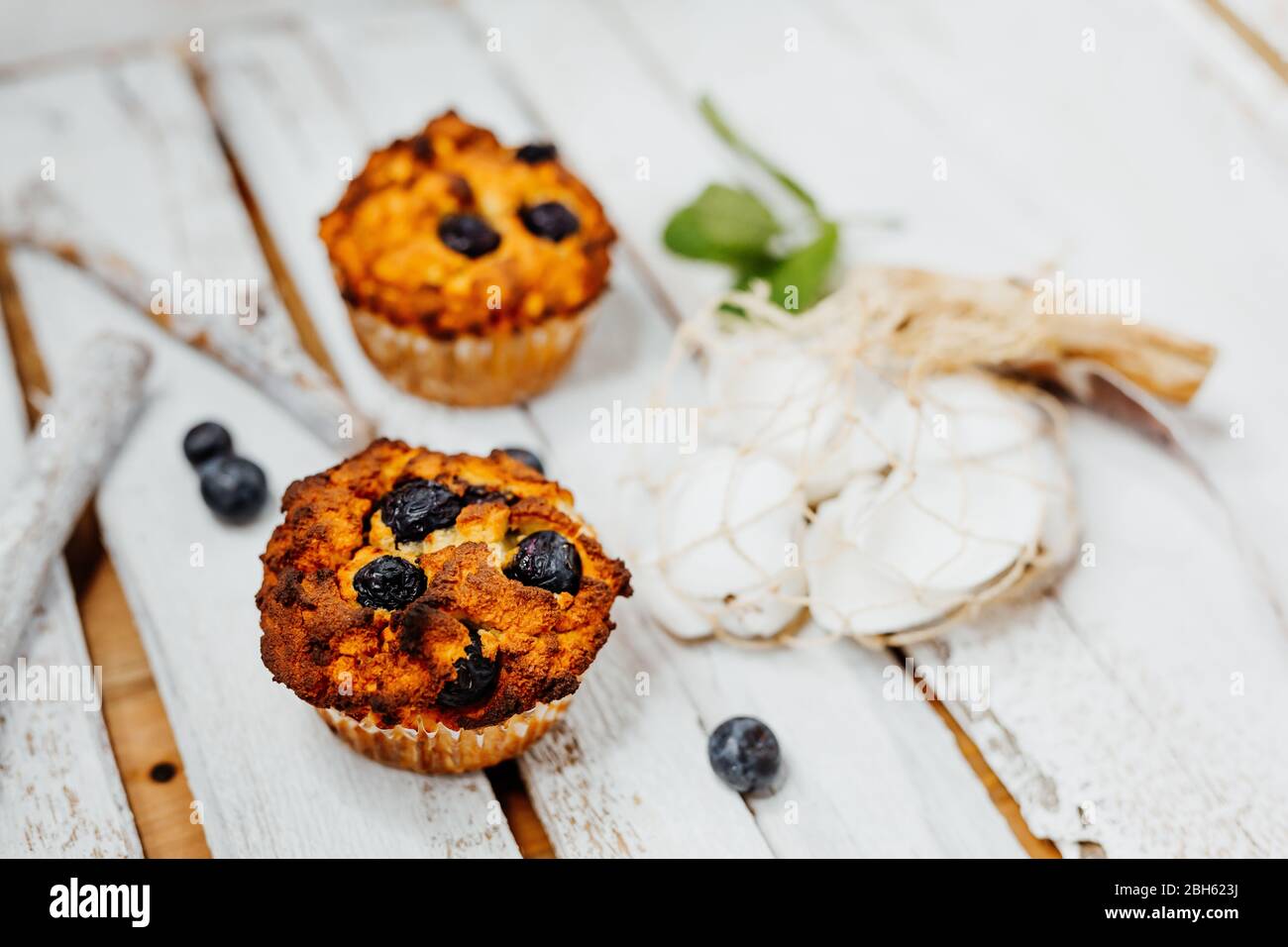 Healthy muffins with coconut flour and blueberries on light wooden plate decorated with mint an conch shells Stock Photo