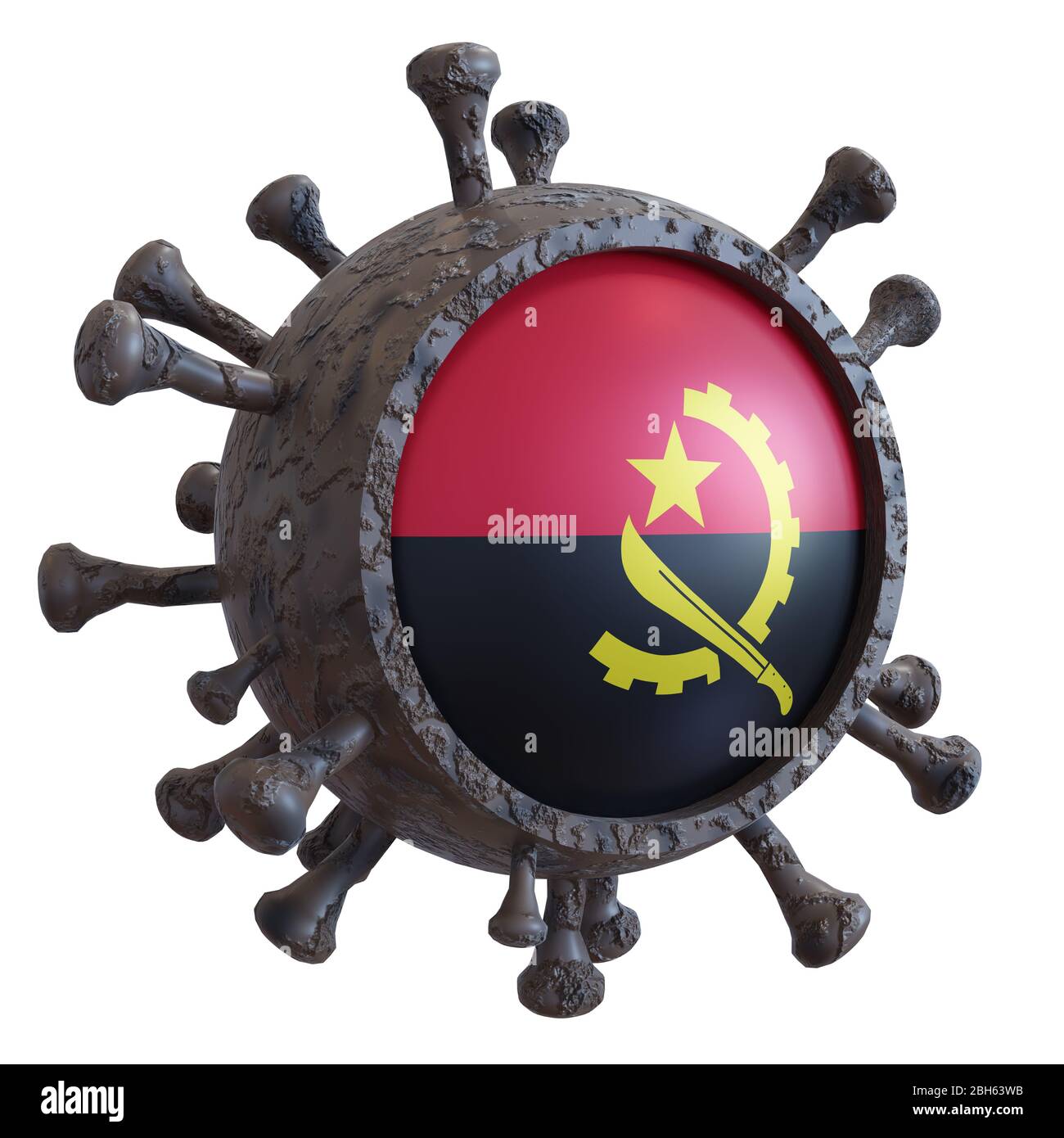 3d rendering of a national Angola flag over a virus covid19. Concept of ...