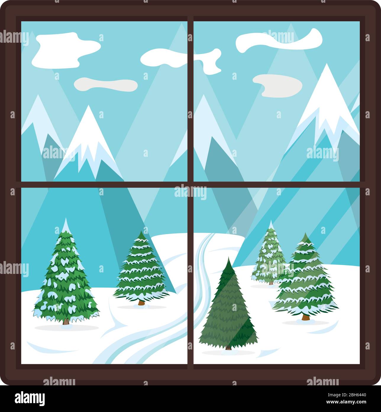 Concept winter window landscape view, snow forest valley and mountain range isolated on white, flat vector illustration. Modern interior design. Stock Vector