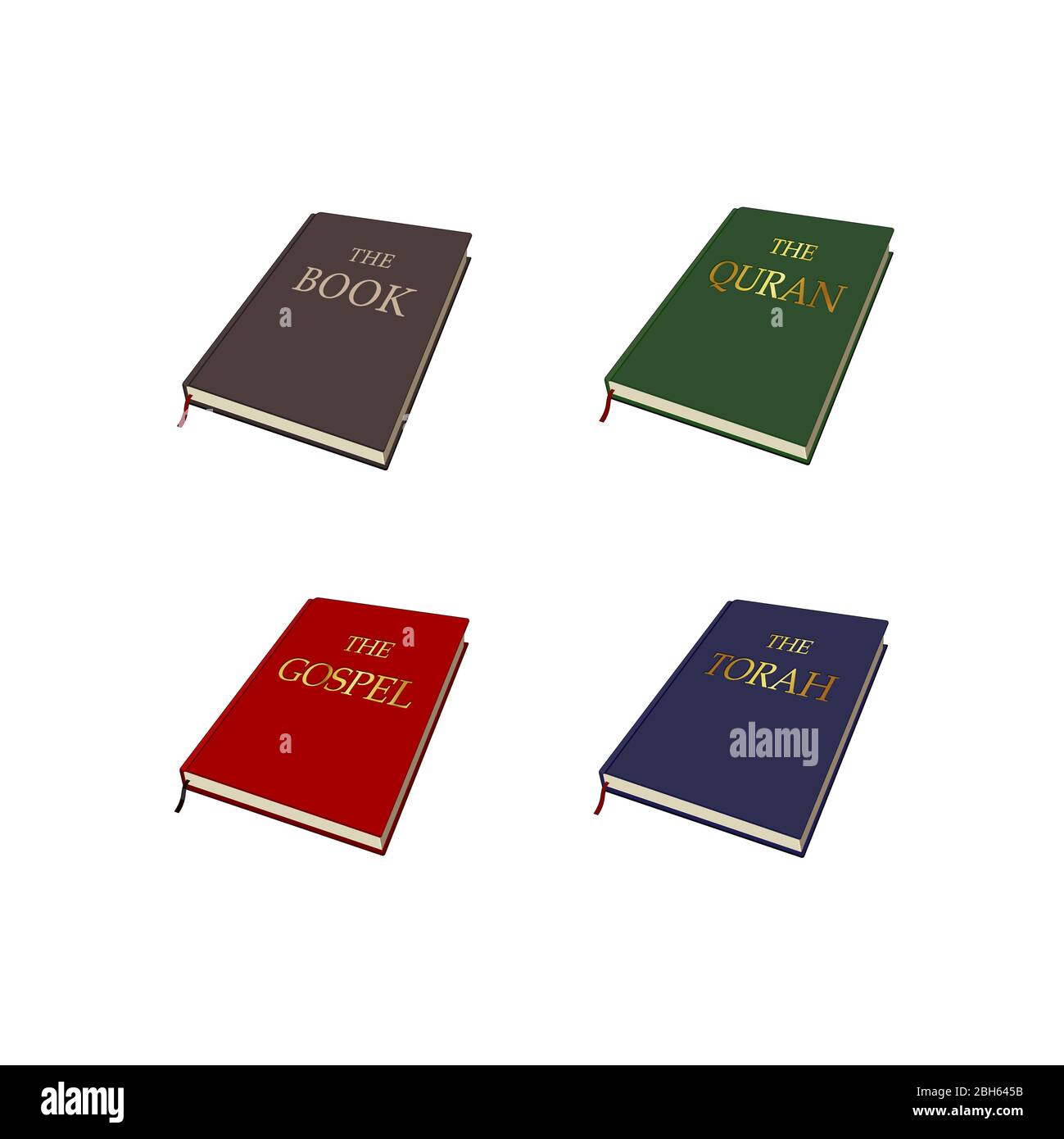 World religions books set. Islam, Christianity, Judaism Religious scriptures. Vector graphic illustration. Isolated Stock Vector