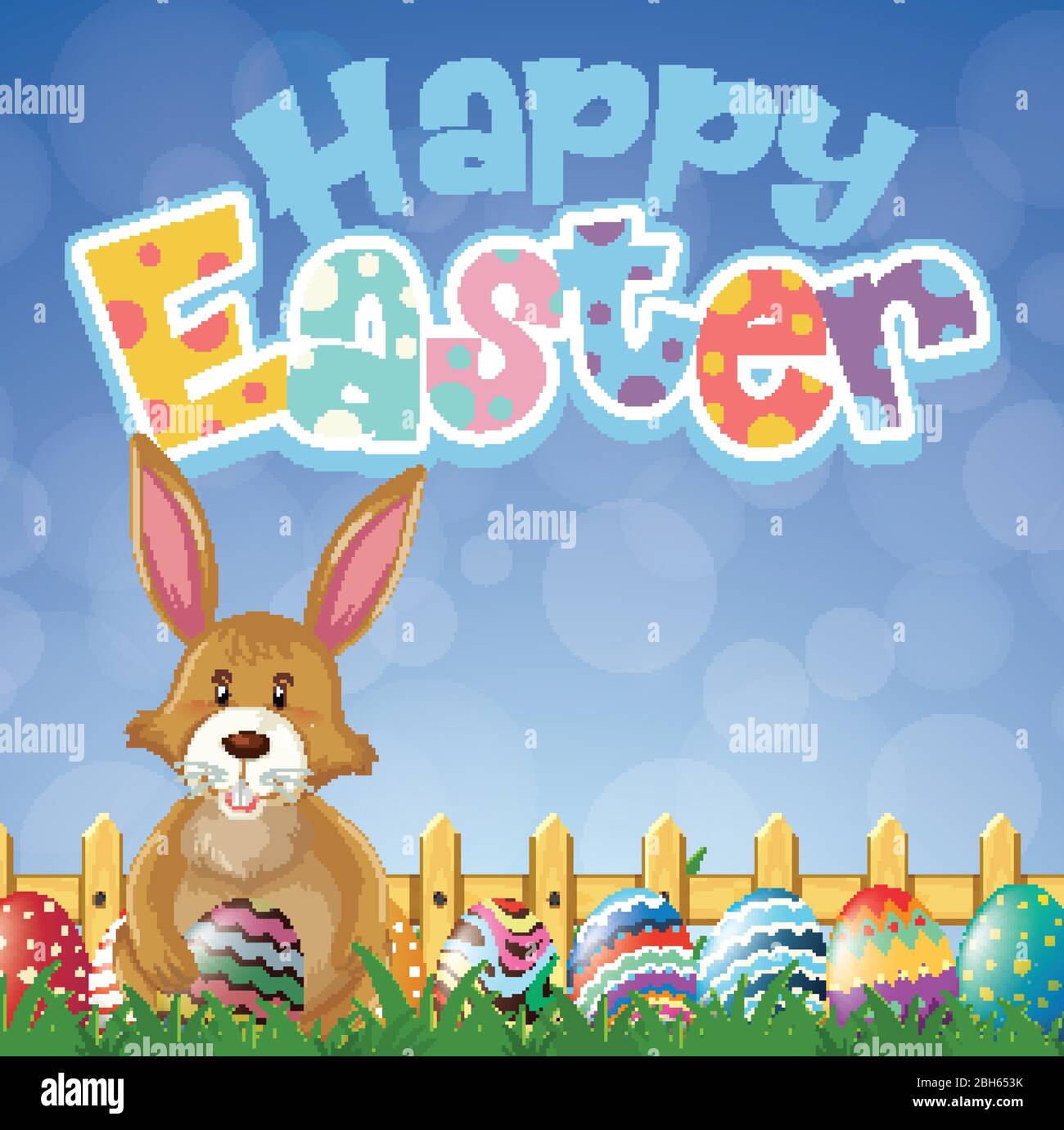 Happy Easter font design with bunny and painted eggs in garden illustration Stock Vector