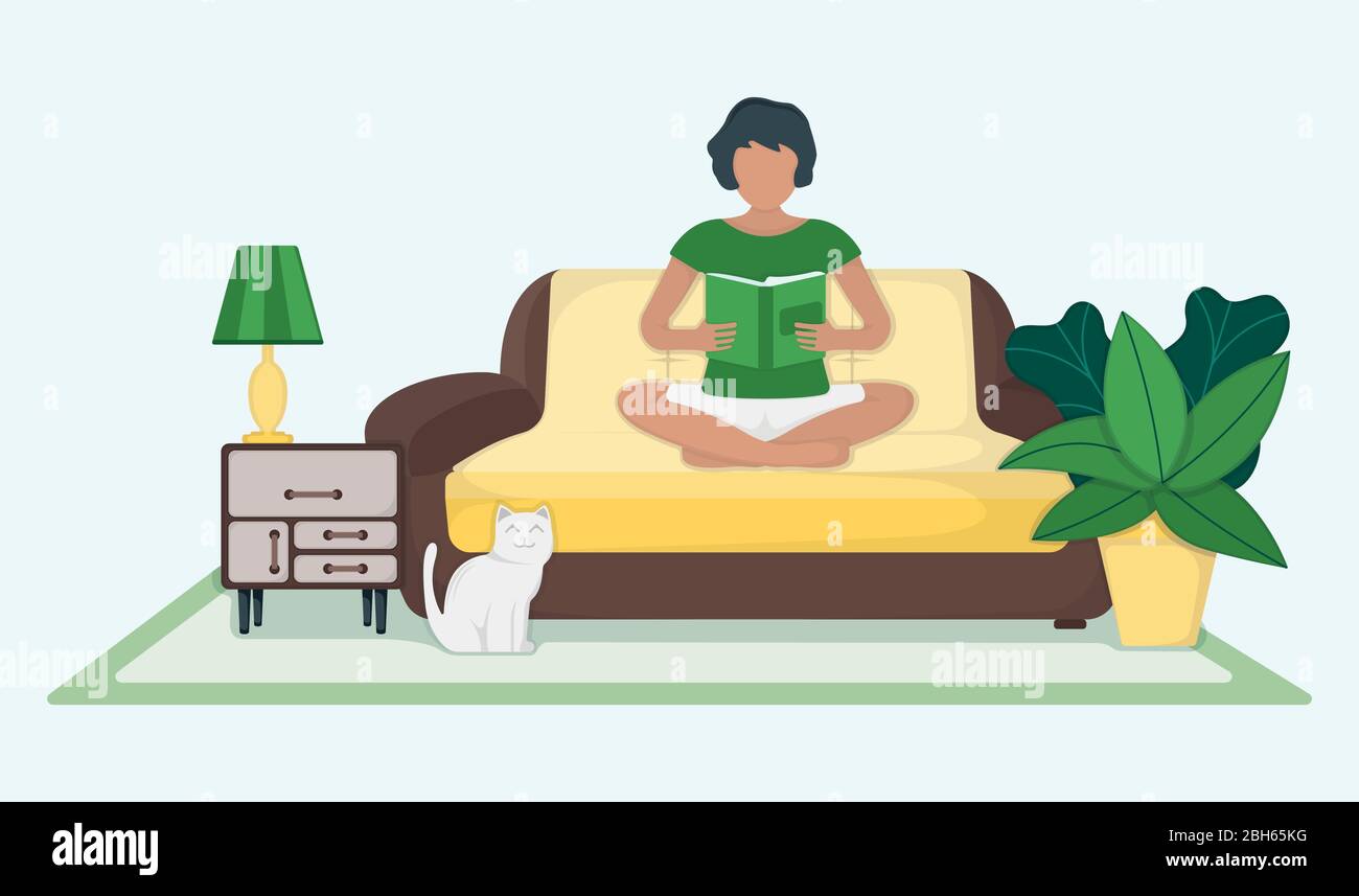 Character female sitting couch and read book with green leaf pot and cat, woman rest isolated on blue, flat vector illustration. Cozy modern interior Stock Vector