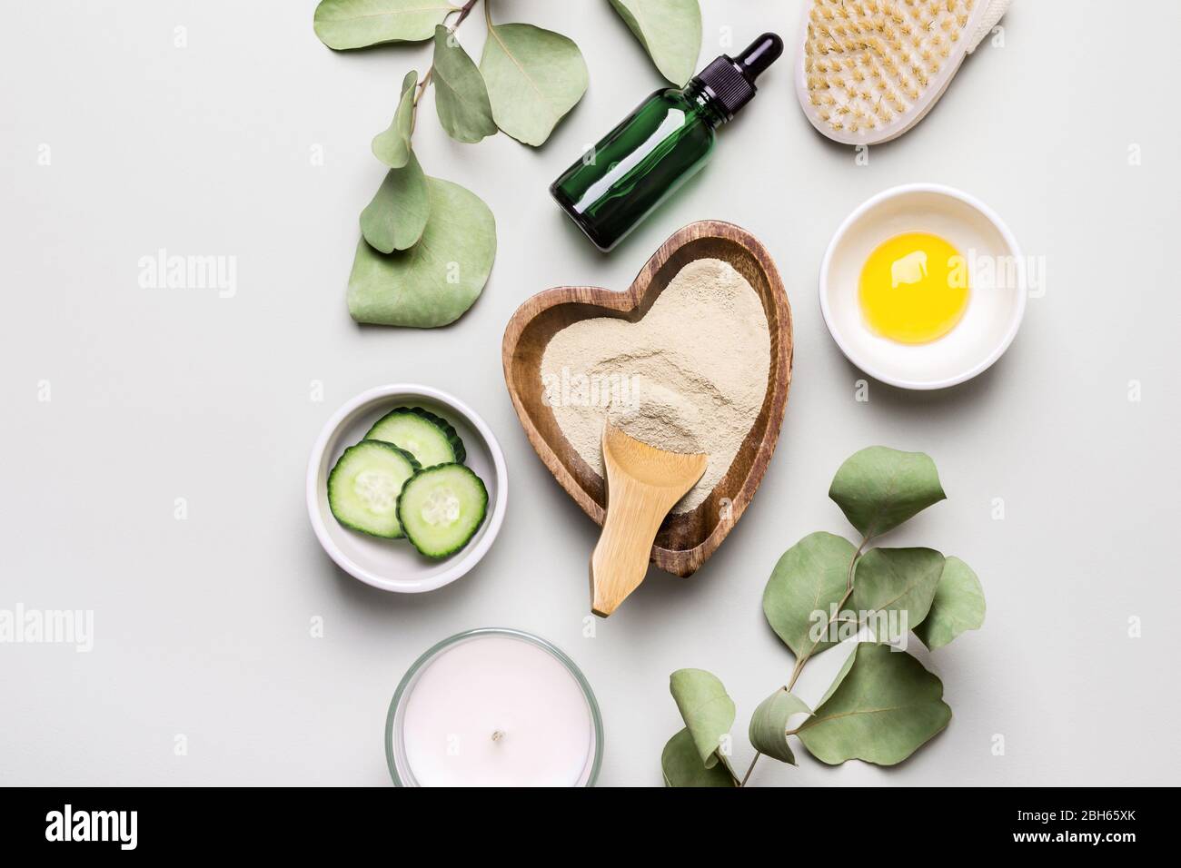 Natural ingredients clay, yolk and eucalyptus for homemade beauty cosmetic  products. DIY cosmetics and spa concept Stock Photo - Alamy