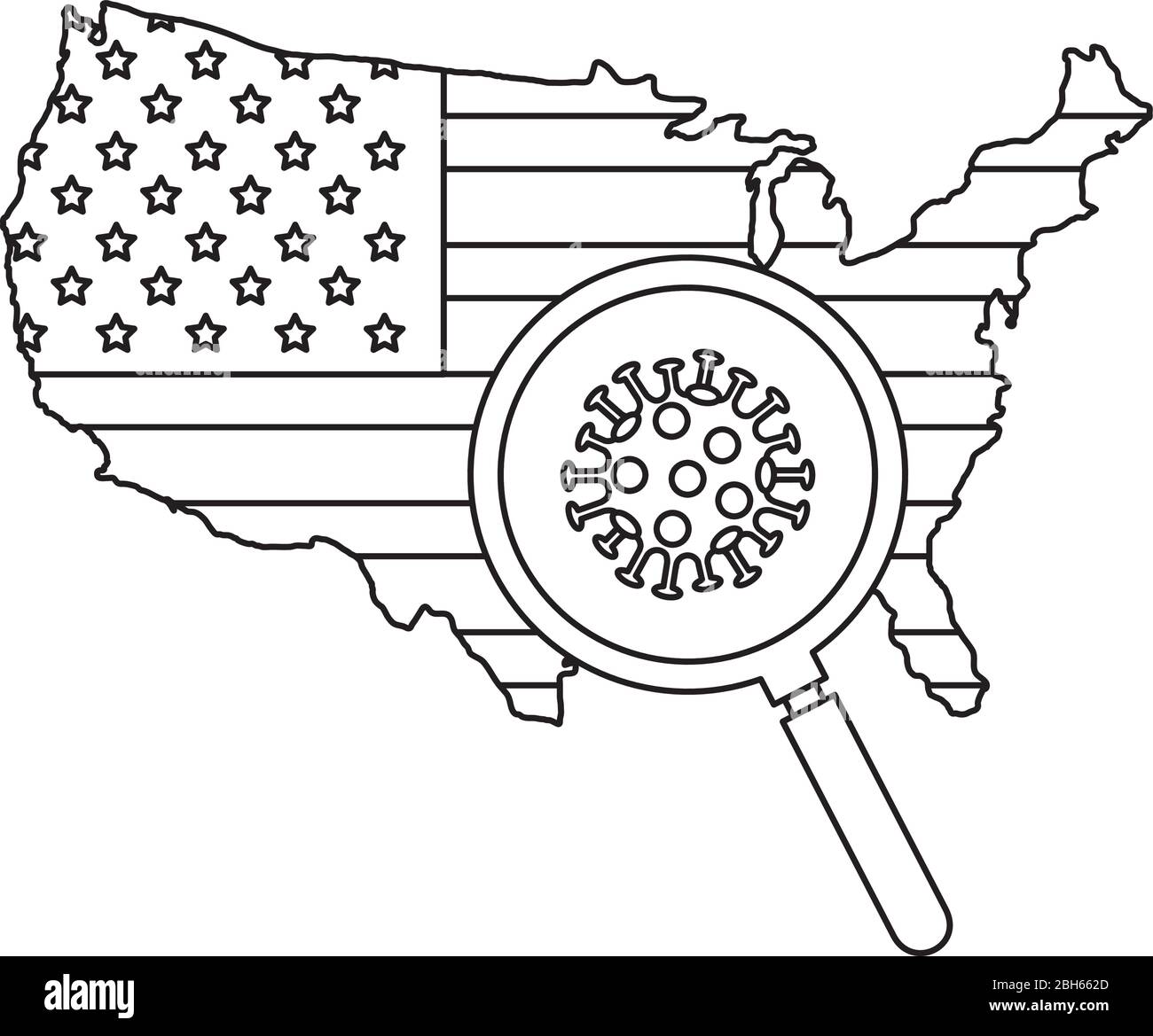 map of usa with magnifying glass and particle covid 19 Stock Vector