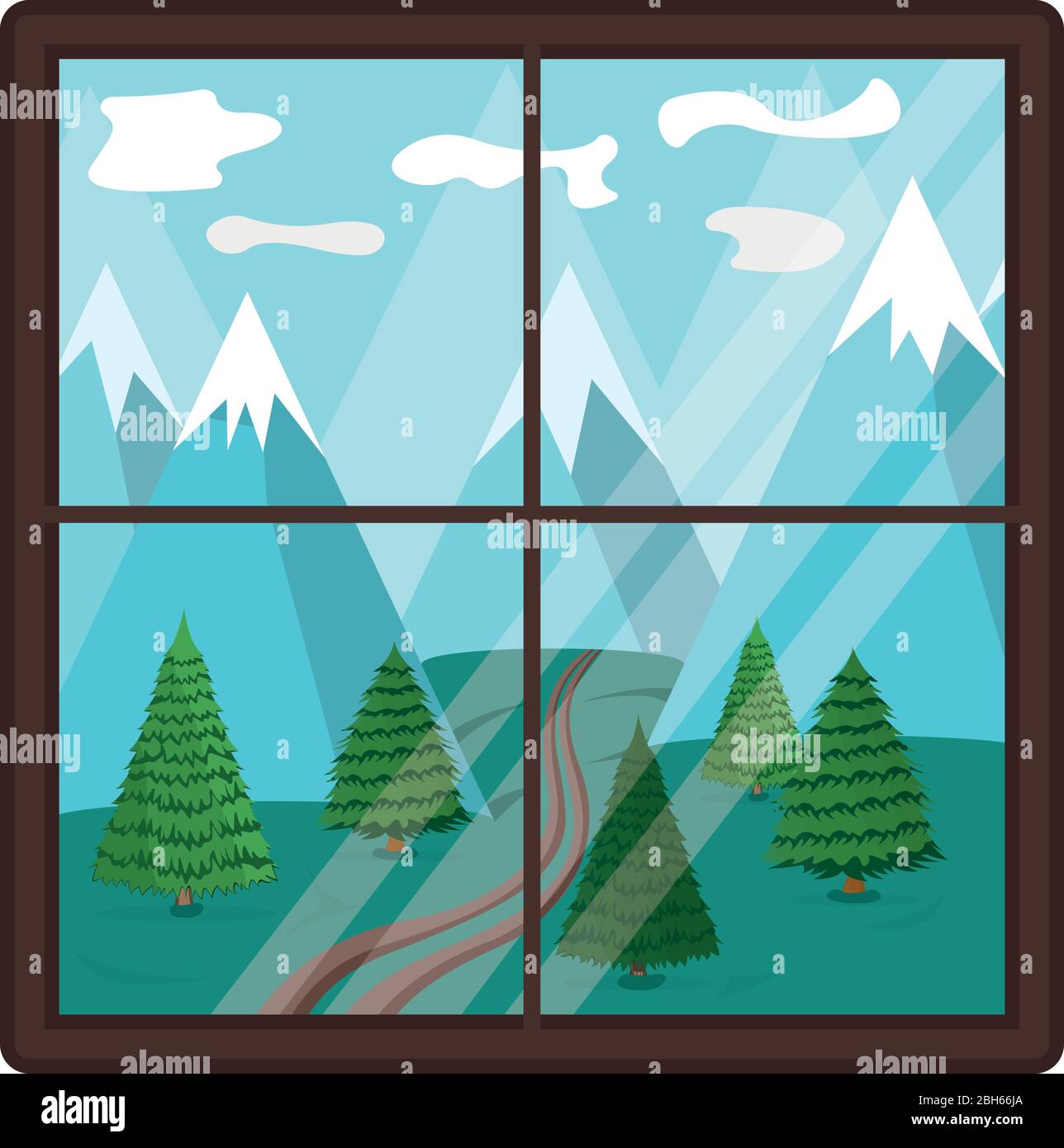 Concept summer window landscape view, green grass forest valley and mountain range isolated on white, flat vector illustration. Modern interior design Stock Vector