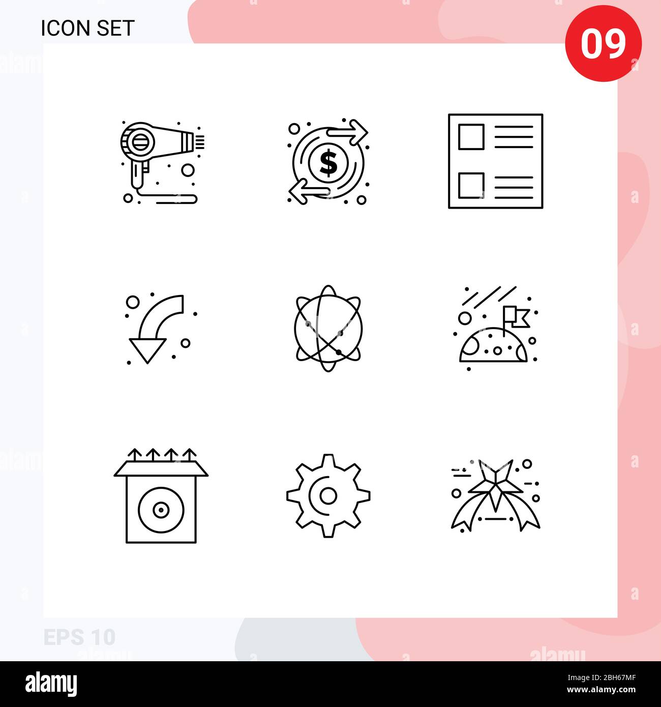 User Interface Pack of 9 Basic Outlines of globe, down, checkbox, left, arrows Editable Vector Design Elements Stock Vector